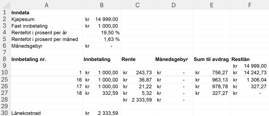Eksempel på hvordan regnearket til oppgave 1 j) kan se ut. Regnearket finnes i sin helhet i løsningsfila, som er lagt ved lenger ned på siden. Skjermutklipp.