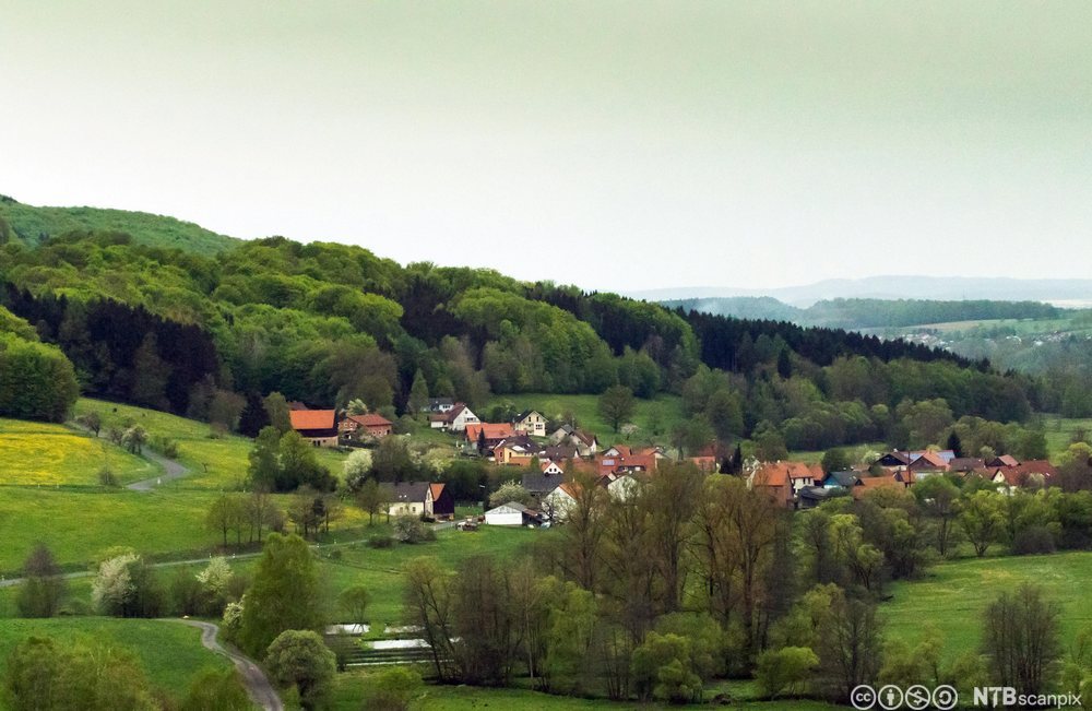 Bygd omgitt av grønt landskap i Bayern, Tyskland. Foto.