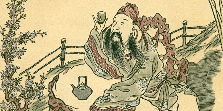 Li Bai, en kjent kinesisk dikter sitter ute og drikker te. Tegning.