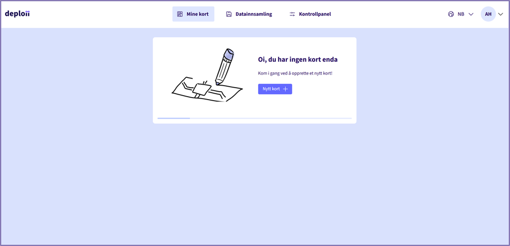 Skjermbilde fra Deploii med teksten Oi, du har ingen kort enda. Skjermutklipp.