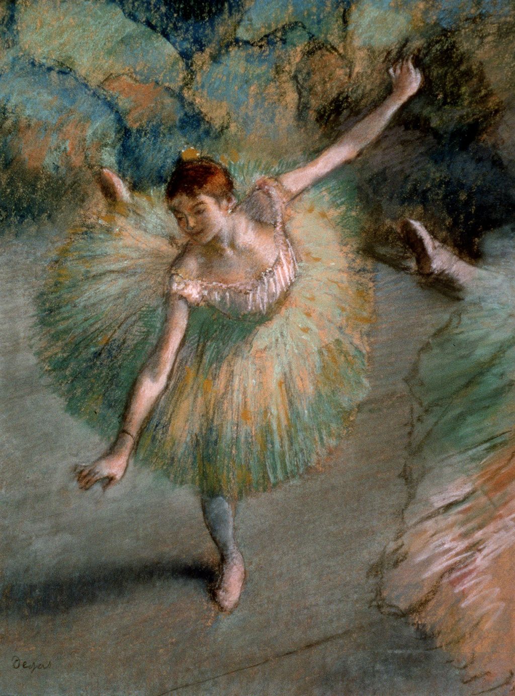 Pastelltegning av ballerina på en fot. Foto.