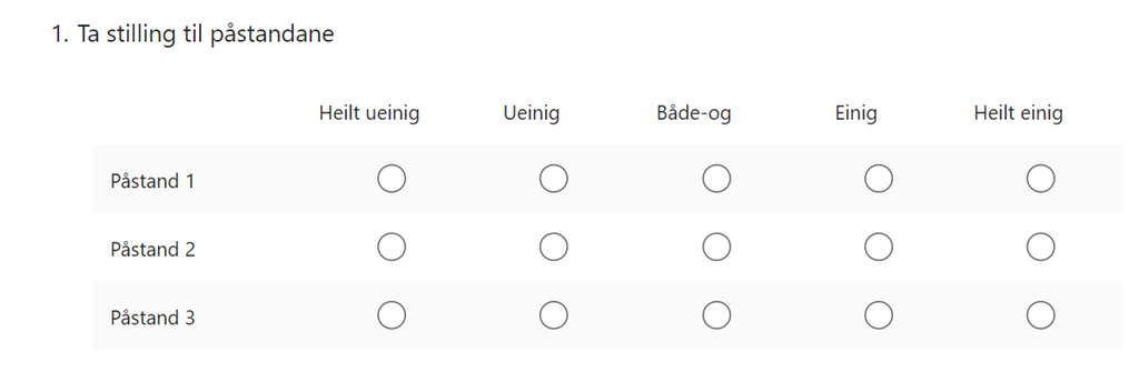 Skjermbilete av skjema som gir høve til å ta stilling til ulike påstandar. Foto