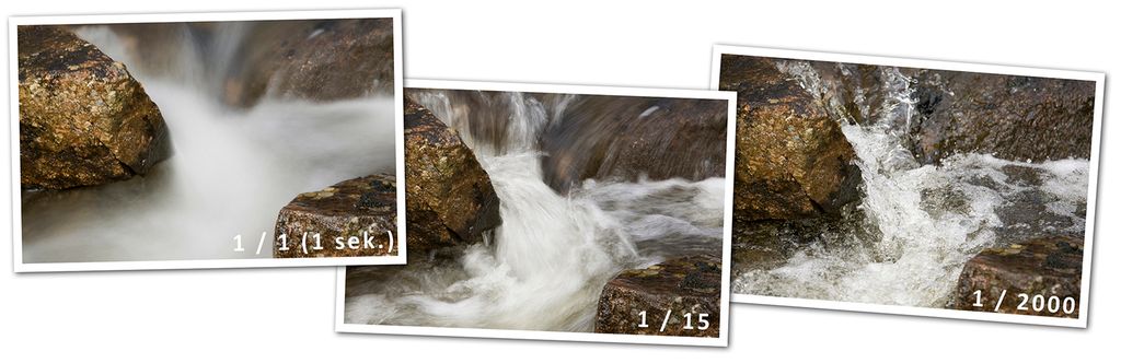 Kollasj med tre bilder av en foss. Bildene er fotografert med lang, middels og kort lukkertid. Lang lukkertid får vannet til å se ut som et slør. Kort lukkertid fryser vanndråpene i bevegelse. Foto.