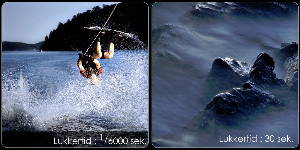 Kollasj med to bilder som viser effekten av ulik lukkertid. Det første bildet viser en person som står på wakeboard og tar salto. Her er det brukt kort lukkertid. Da blir det tydelig hvordan vannet spruter. Det andre bildet viser fjelltopper som stikker opp fra tåke eller skyer. Her er det brukt lang lukkertid. Foto.