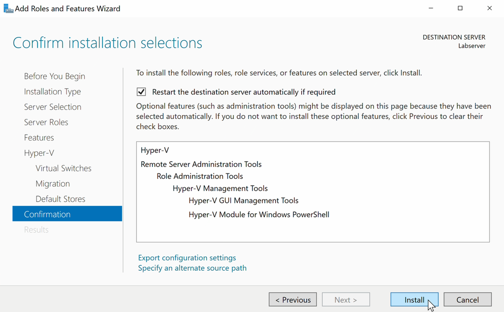 Skjermvindu merket "Confirm installation selections" med ei liste med komponentene og rollene som vil bli installert. Musepekeren er over knappen "Install" nede til høyre. Skjermbilde.