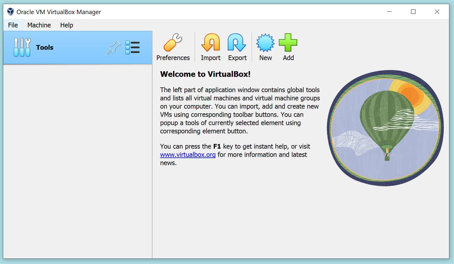Skjermbilde fra Virtualbox som viser hovedpanelet til programmet.