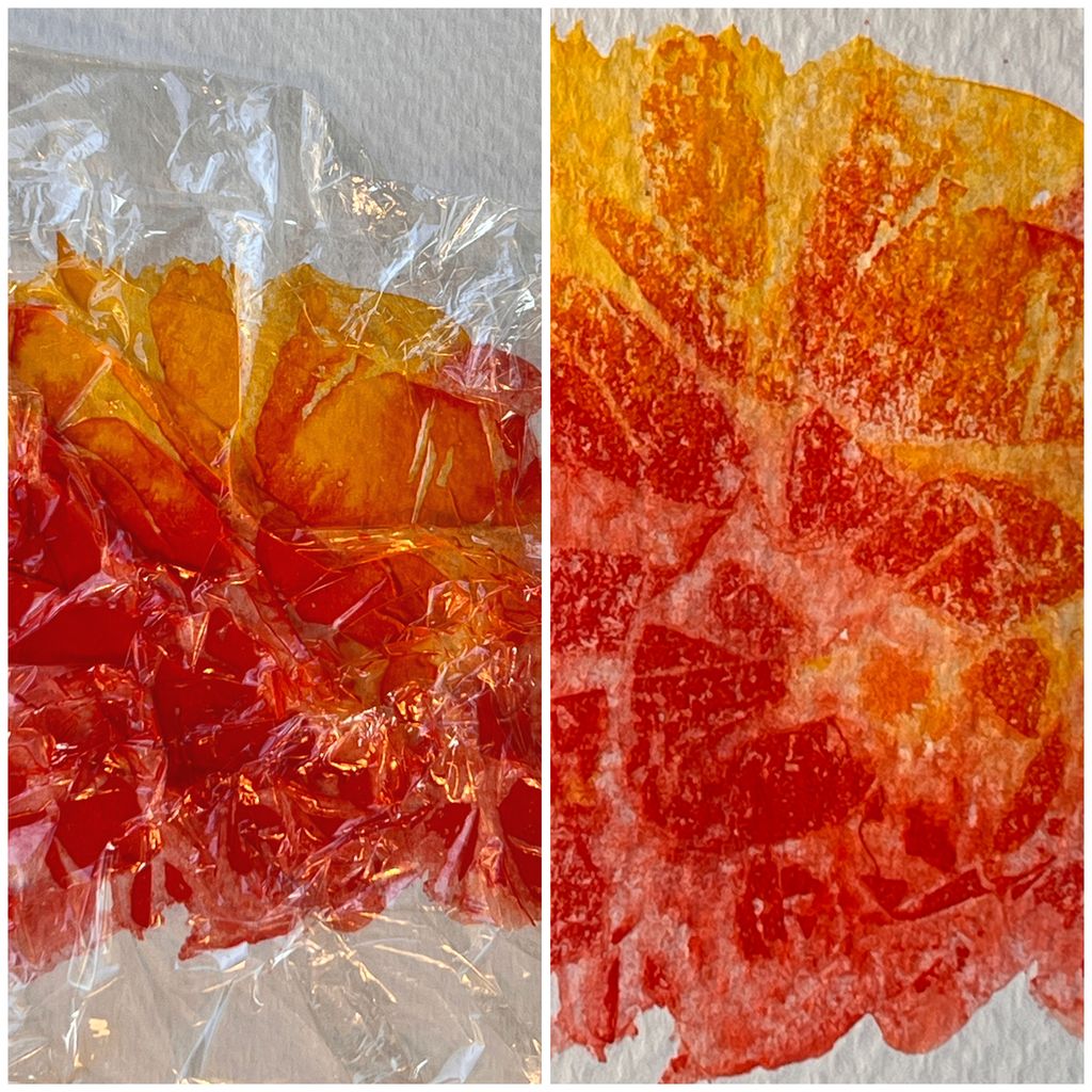 Detaljer fra akvarell som viser effekten av å legge på krøllet plastfolie. Foto.