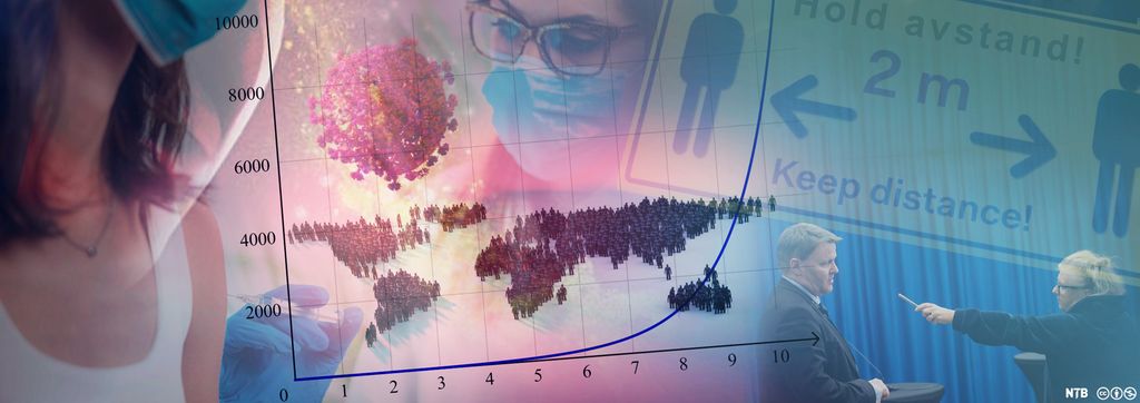 Flere bilder fra pandemien er satt sammen: munnbind, virus, graf og pressekonferanse. Illustrasjon.