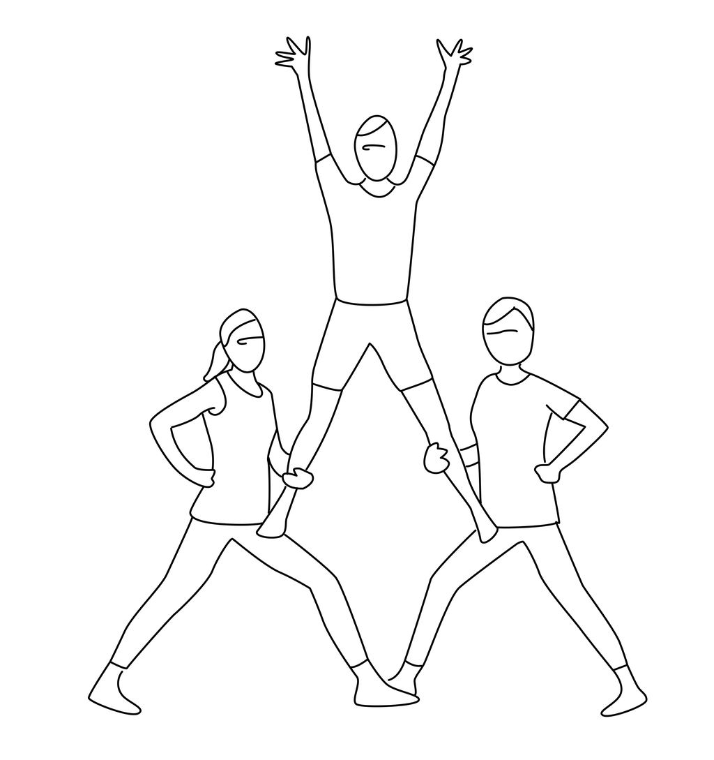 En person står på låret til to personer. De lager sammen en pyramide. Illustrasjon.