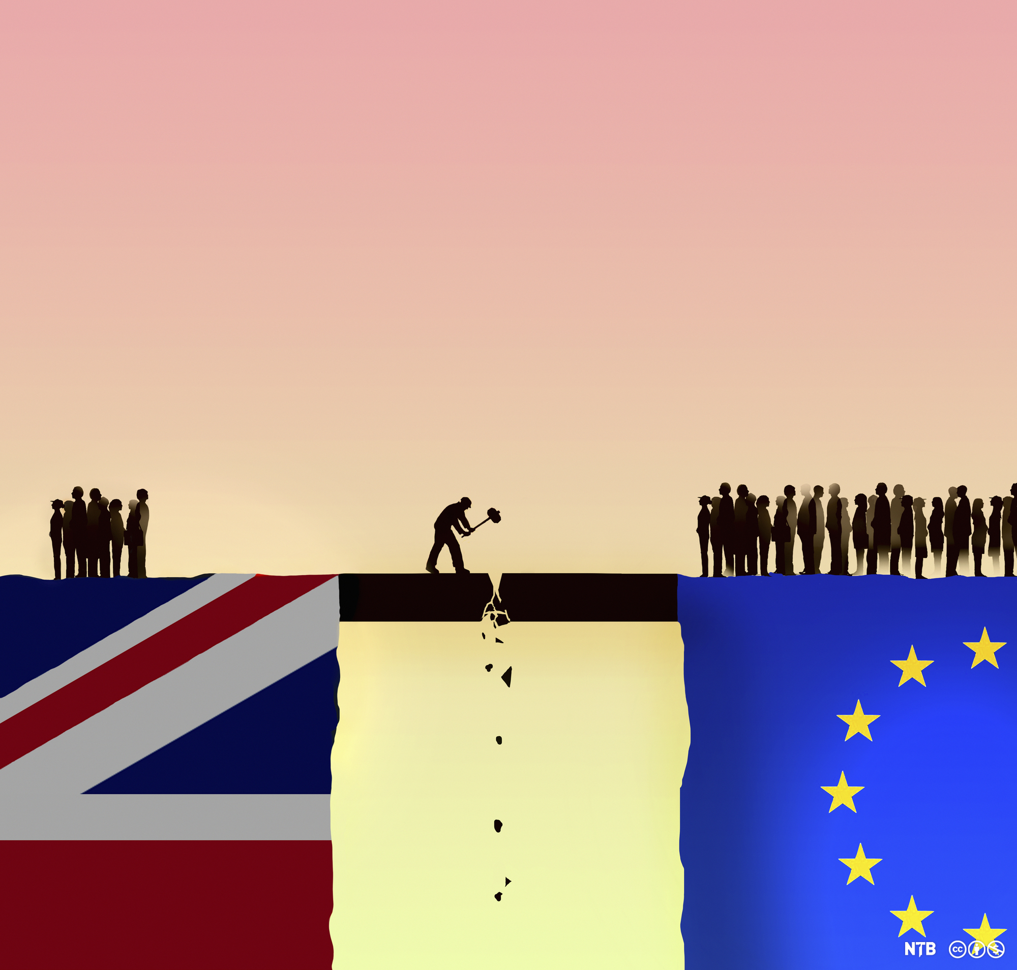 Illustration: A small group of people stand on top of a corner of the British flag, accross a bridge a larger group of people stand on top of a corner of the EU flag. On the middle of the bridge there is a person who is dividing the bridge in two by hitting it with a large hammer. 