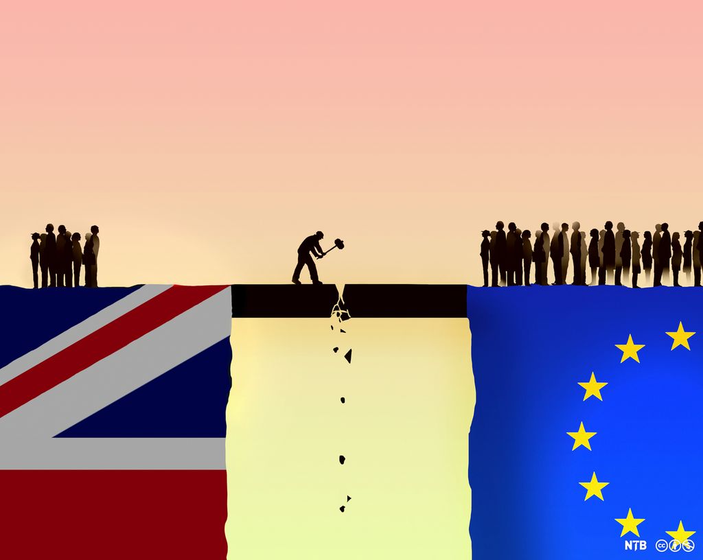 Illustration: A small group of people stand on top of a corner of the British flag, accross a bridge a larger group of people stand on top of a corner of the EU flag. On the middle of the bridge there is a person who is dividing the bridge in two by hitting it with a large hammer.