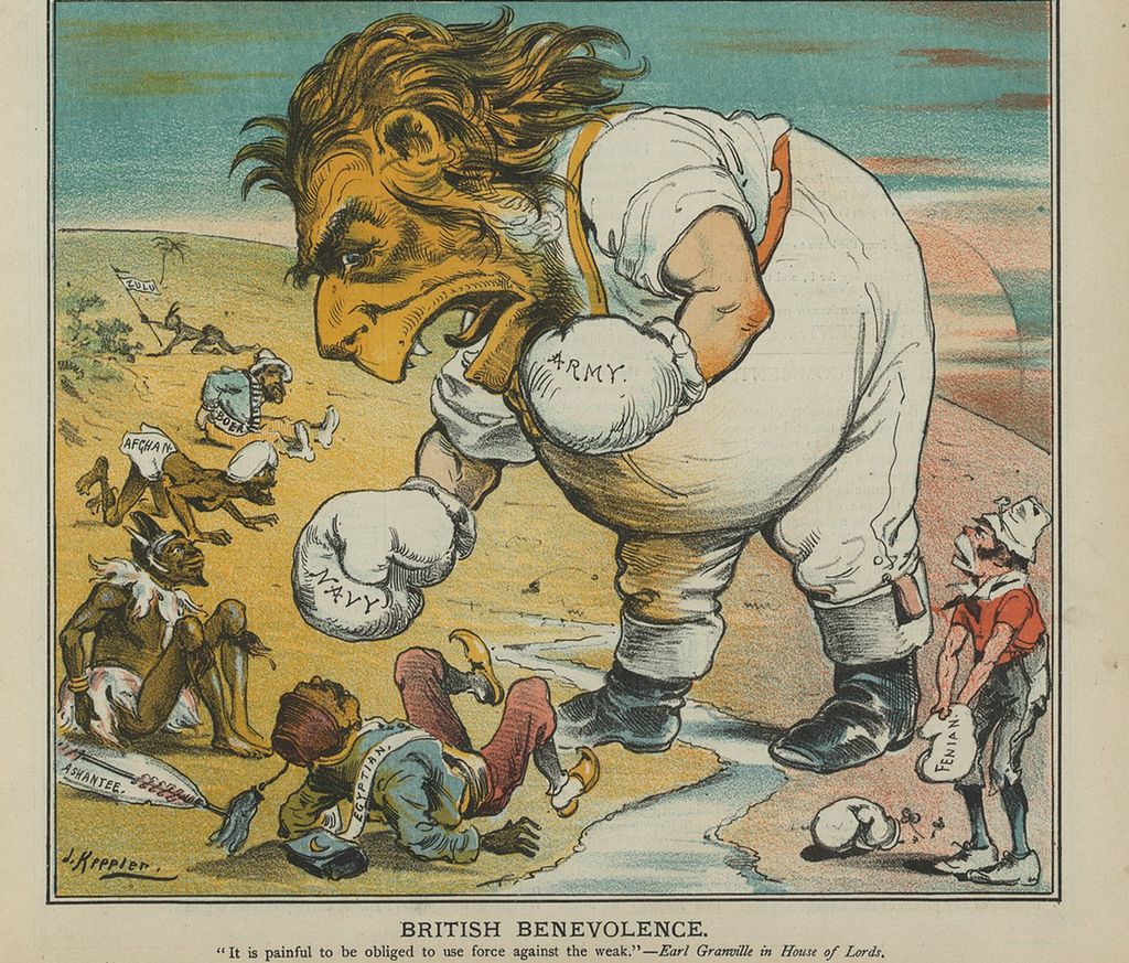 Drawing: We see a man with a head like a lion wearing boxing gloves with 'army' and 'navy' written on them. He is much bigger than the people he is roaring and punching towards, who are caricatures of people from Africa and Asia. Below the drawing, it says "British Benevolence. It is painful to be obliged to use force against the weak --Earl Granville in House of Lords."