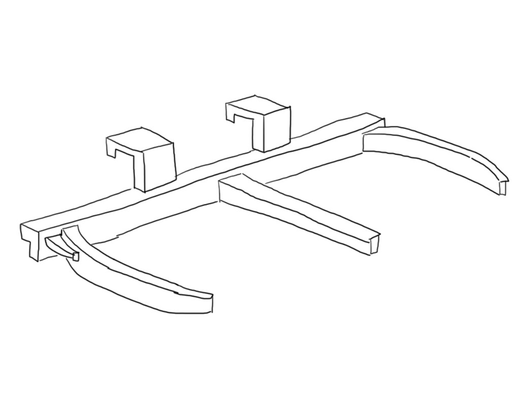 På tegningen ser vi en gripeklo som monteres på truckgaflene og brukes til å løfte tønner eller oljefat. Tegning.