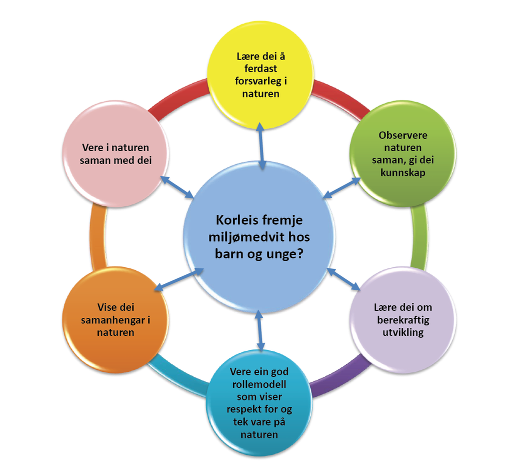 Ein modell med seks punkt om korleis du kan fremje miljømevit hos barn og unge. Illustrasjon.