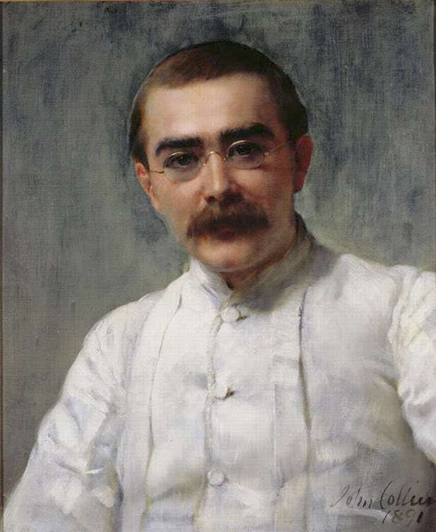 Painting: Portrait of Rudyard Kipling. We see a man in his late twenties. He has brown hair, bushy eyebrows and a large moustache. He wears gold-rimmed spectacles. He wears a white shirt. 