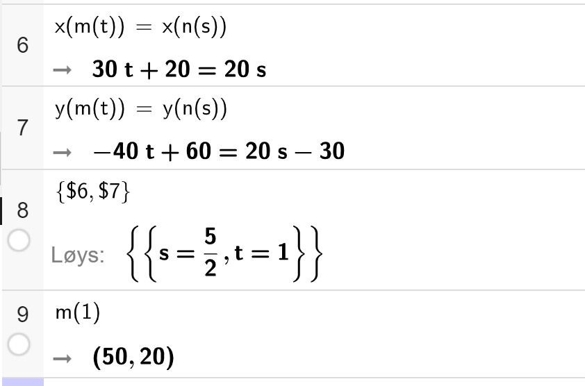 CAS-utrekning i GeoGebra. På linje 6 er det skrive x av m av t er lik x av n av s. Svaret er 30 t pluss 20 er lik 20 s. På linje 7 er det skrive y av m av t er lik y av n av s. Svaret er minus 40 t pluss 60 er lik 20 s minus 30. På linje 8 er det skrive sløyfeparentes dollarteikn 6 komma dollarteikn 7 sløyfeparentes slutt. Svaret med Løys er sløyfeparentes sløyfeparentes s er lik 5 todelar komma t er lik 1 sløyfeparentes slutt sløyfeparentes slutt. På linje 9 er det skrive m av 1. Svaret er parentes 50 komma 20 parentes slutt. Skjermutklipp.