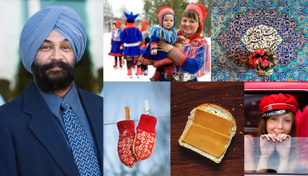 Fotokollasj med seks bilder. En mann i dress og turban. To røde og hvite strikkevotter hengt opp med ei klesklype på ei snor. Ei brødskive med brunost. Ei jente med russelue som kikker ut av et bilvindu. En kvinne med et lite barn på armen, begge kledt i samiske drakter. En roselignende detalj i ulike blåfarger på en vegg. Foto.