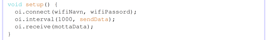 Skjermbilde fra programvaren Arduino IDE som viser en programkode med spesiell kode for Deploii. Første linje: oi.connect (wifiNavn, wifiPassord);. Andre linje: oi.interval (1000, sendData);. Tredje linje: oi.receive (mottaData);. Skjermutklipp.