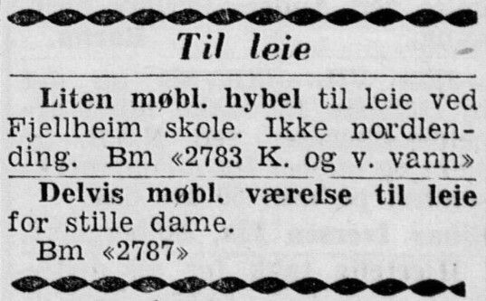 Annonse om møblert hybel til leie. Teksten sier "ikke nordlending". Faksimile.