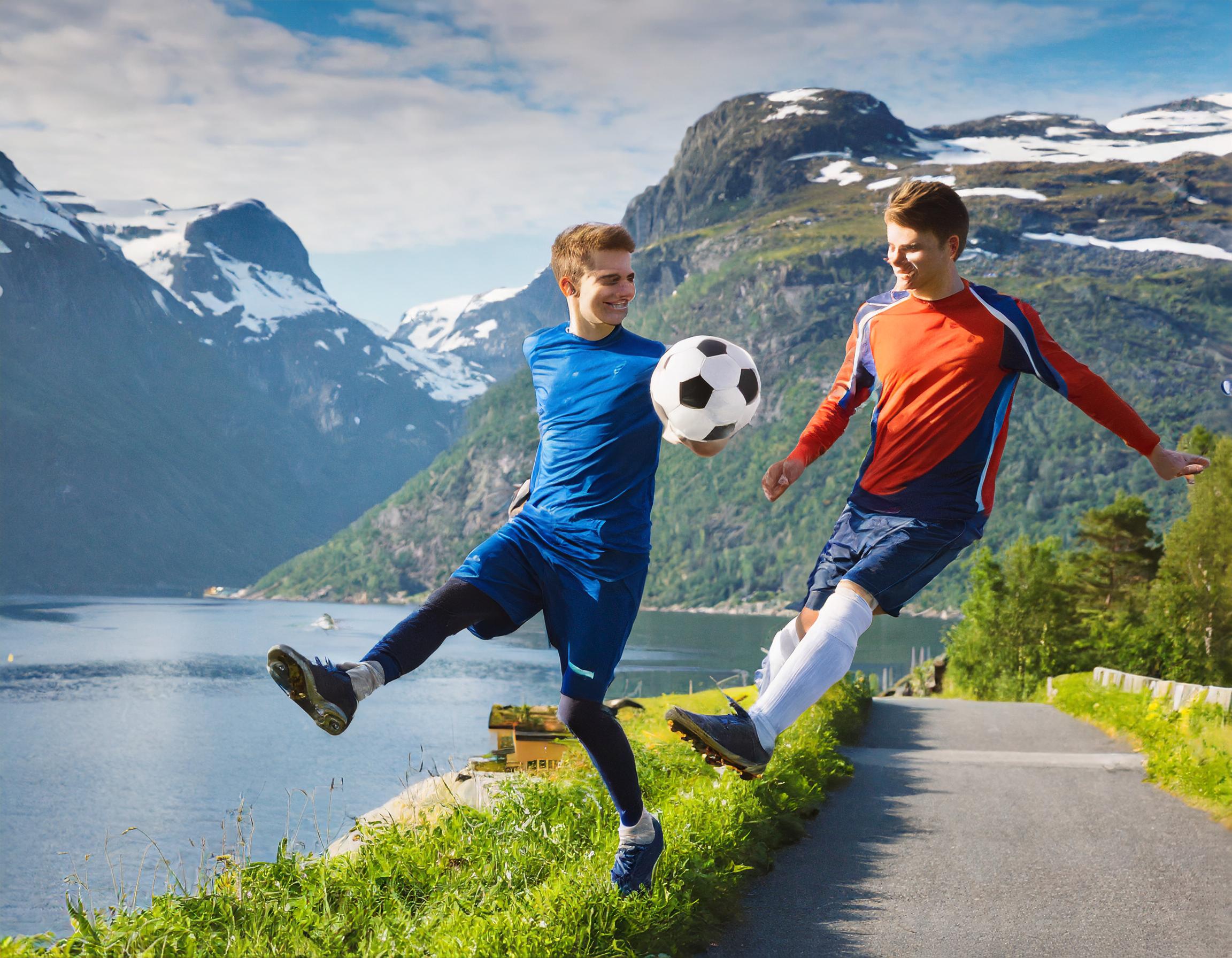 To personar svevar i lufta med ein fotball i eit fjordlandskap. Ansikta er fordreidde og har utydelege detaljar. Eit bein har ein unaturleg vinkel. KI-foto.