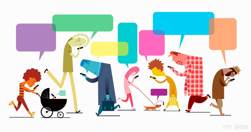 We see lots of people walking around looking down at their phones. Even a baby in a stroller and a dog has a phone. Illustration. 