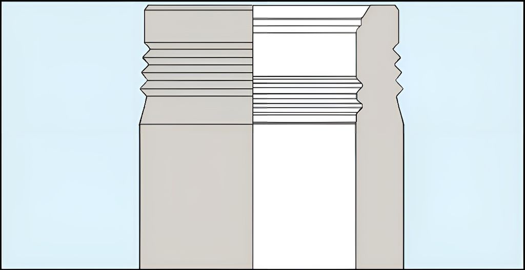 Skissen viser snitt av et brønnhode der vi får se utsiden og innsiden. På utsiden er det riller til ventiltreet, og på innsiden er det riller til casingen. Illustrasjon.