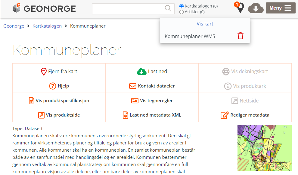 Skjermdump av GeoNorge sitt nettsted for kommuneplaner. Illustrasjon.