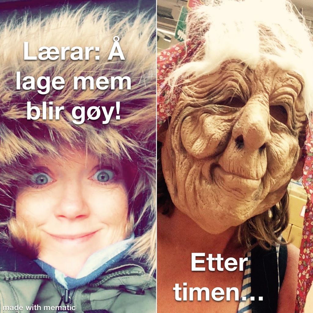 Todelt mem. Til venstre er det bilete av ei dame med oppspilte auge og teksten "Lærar: Å lage mem blir gøy!". Til høgre er eit bilete av ei trollmaske med mange rukker, tørr og sigen hud, djupe, svarte auge og teksten "Etter timen …". Foto.
