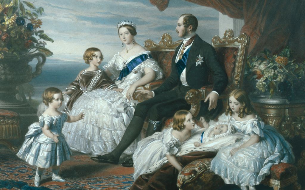 Kongelige på tronen med små barn. Maleri.