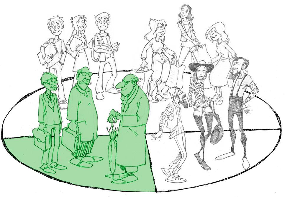 Ulike personar delte inn i grupper, ei gruppe med berre menn i er utheva med grøn farge. Illustrasjon.