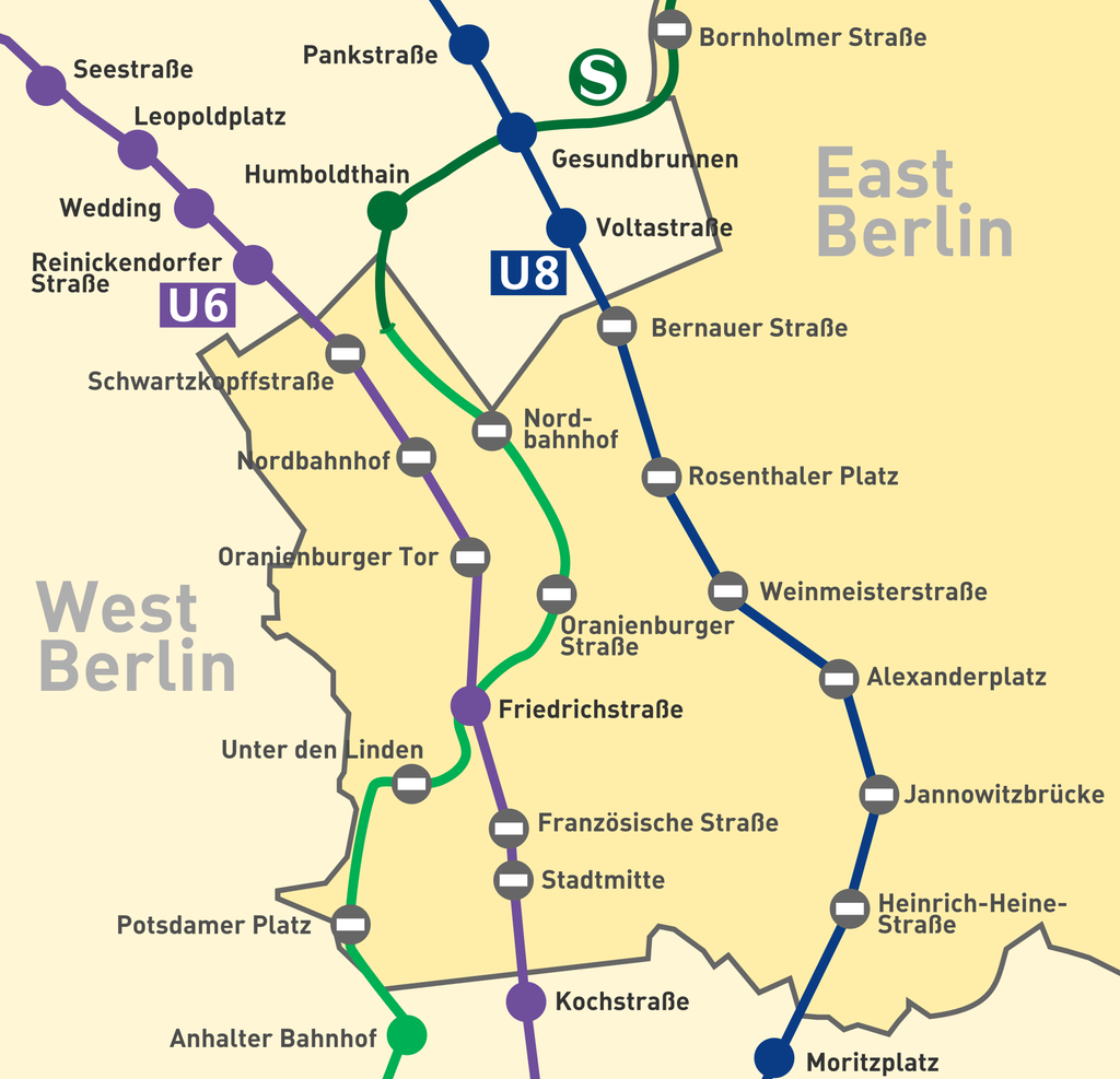 Kart over spøkelsesstasjoner i Berlin under delingen.