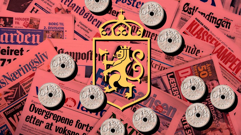 Kronestykker og den norske løve på en bakgrunn som består av norske aviser. Manipulert fotografi.