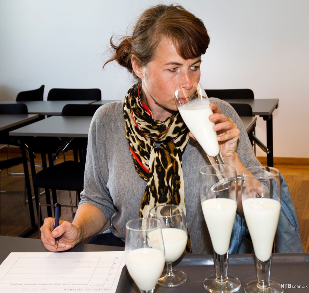 En dame smaker på flere typer melk. Foto.