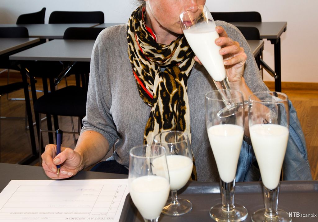 En dame smaker på flere typer melk. Foto.