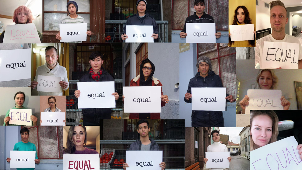 Collage av menneske som held plakatar med ordet "Equal". Foto. 