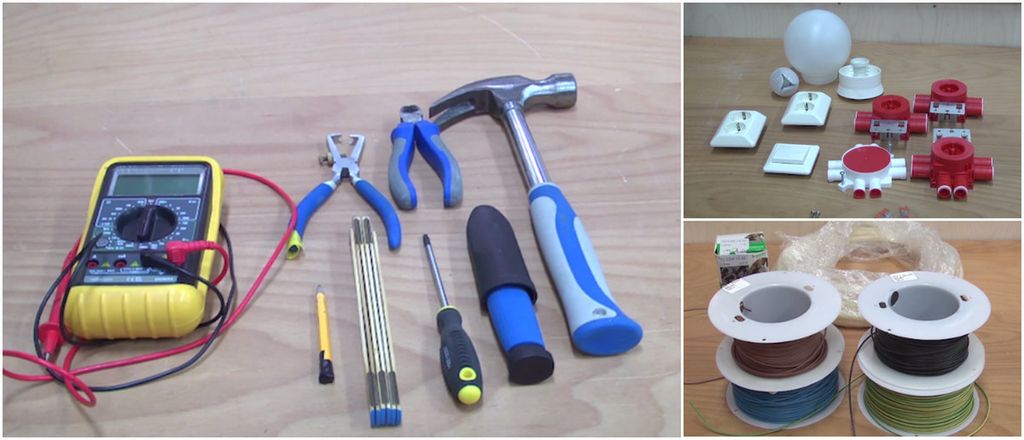 Håndverktøy, måleinstrument, koblingsbokser og ledninger. Kollasj.