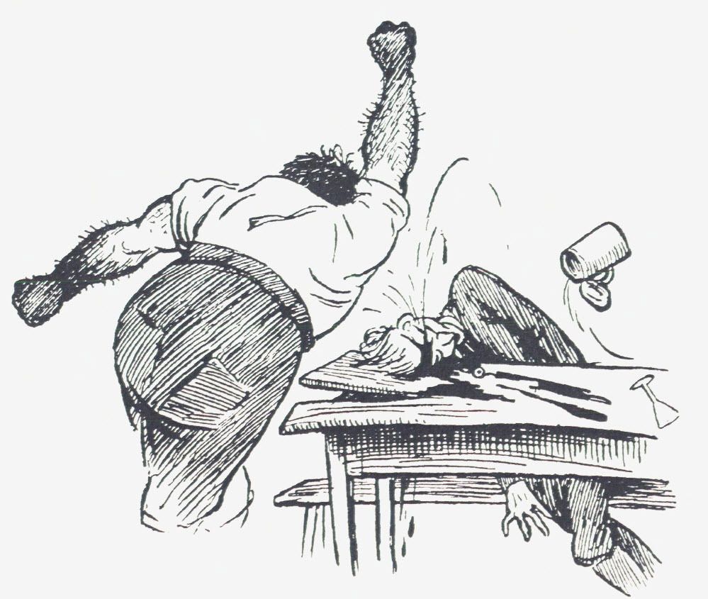 Tegning av en kraftig mann som slår hodet til en annen mann ned i et bord, slik at blodet spruter. Illustrasjon.