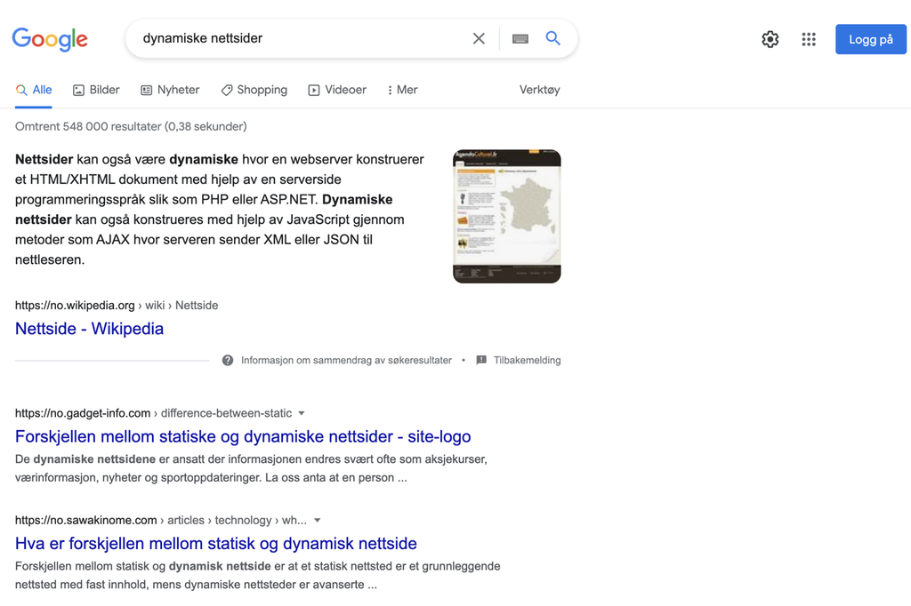 Skjermbilete frå Google.com med resultat frå søket "dynamiske nettsider". Skjermbilete.