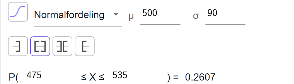 I sannsynlighetskalkulatoren i GeoGebra er det valgt normalfordeling med my lik 500 og sigma lik 50. Det er valgt sannsynlighet i et intervall, og sannsynligheten for at X er større enn eller lik 475 og mindre enn eller lik 535, er 0,2607. Skjermutklipp.
