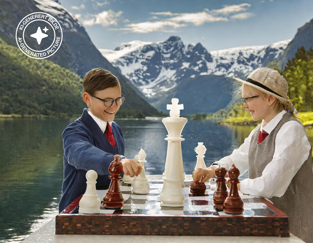 To personer sitter ved et sjakkbrett med store sjakkbrikker. Brikkene har ikke samme størrelse. Fjell og fjord i bakgrunnen. KI-foto.