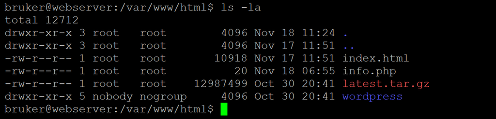 Liste over filer og mapper i /var/www/html. Skjermbilde.