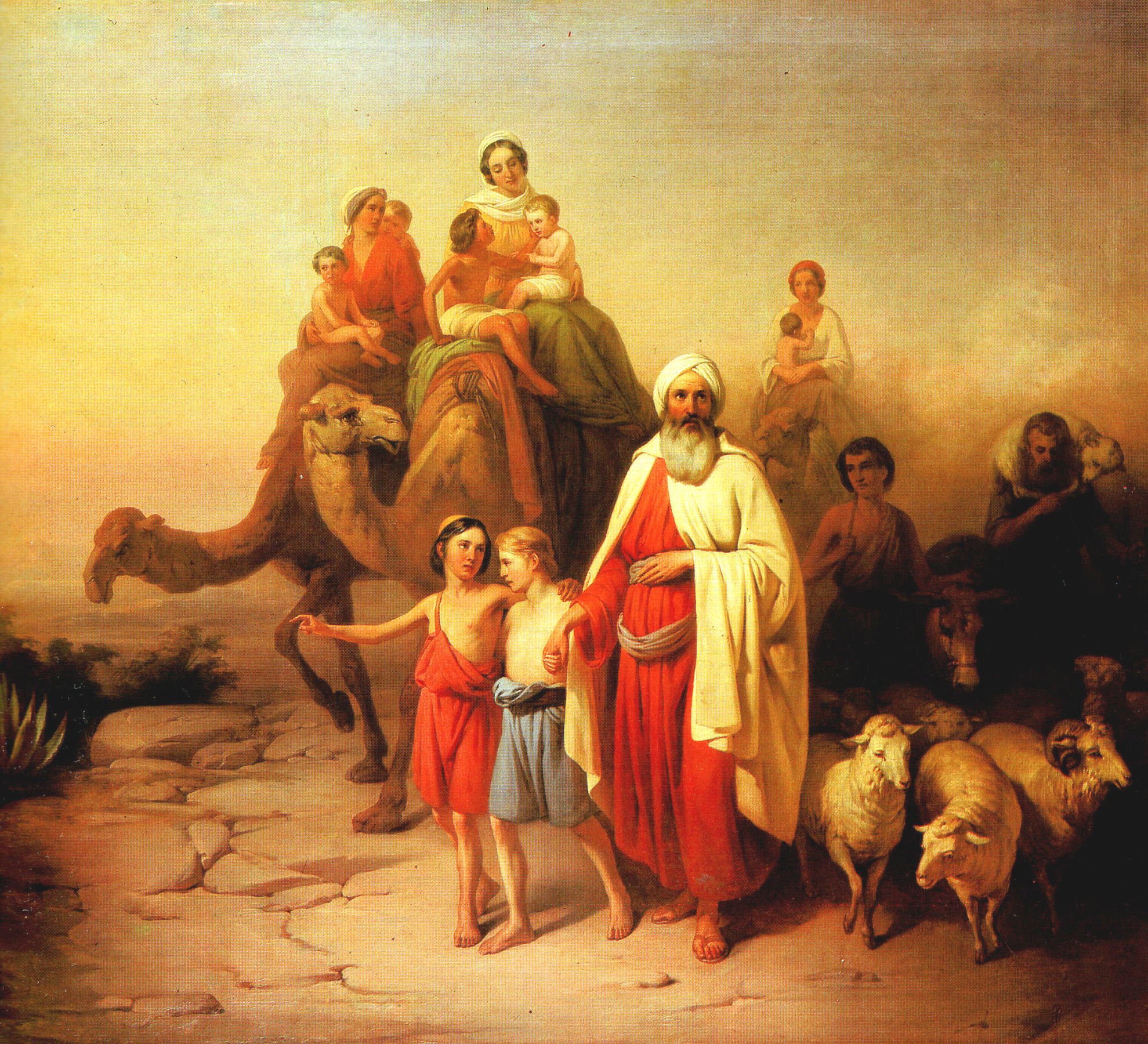 Abraham omgitt av familie og husdyr. Noen sitter på kamel, andre går. Maleri.