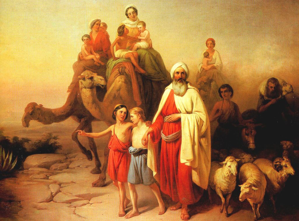 Abraham omgitt av familie og husdyr. Noen sitter på kamel, andre går. De har alle fargerike klær på seg. Det er voksne, barn, sauer og lam til stede. Noen barn sitter på fanget til noen kvinner. En mann har et lam rundt nakken. Maleri.
