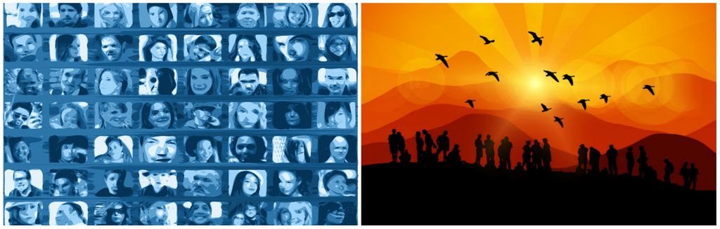 Til venstre et bilde av mange ansikter i blåtoner. Til høyre et bilde hvor et landskap med sol, himmel og fjell er holdt i toner av gult, oransje og rødt. Kollasj.