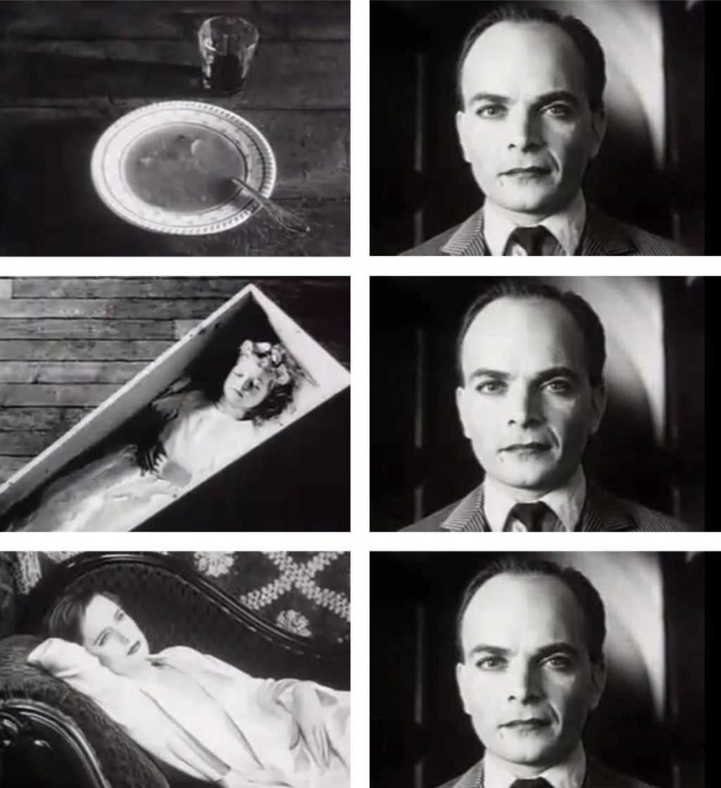 Tre bildemontasjer som alle er satt sammen av to svart-hvitt-fotografier. I alle de tre montasjene er bilde nummer to et nærbilde av en mann som ser i kameraet. Den øverste montasjen har teksten "Sult?", og det første fotografiet viser en suppetallerken på et bord. Den midterste montasjen har teksten "Sorg?", og det første fotografiet viser ei jente som ligger i en åpen kiste. Den nederste montasjen har teksten "Begjær?", og det første fotografiet viser en dame som ligger på en divan.