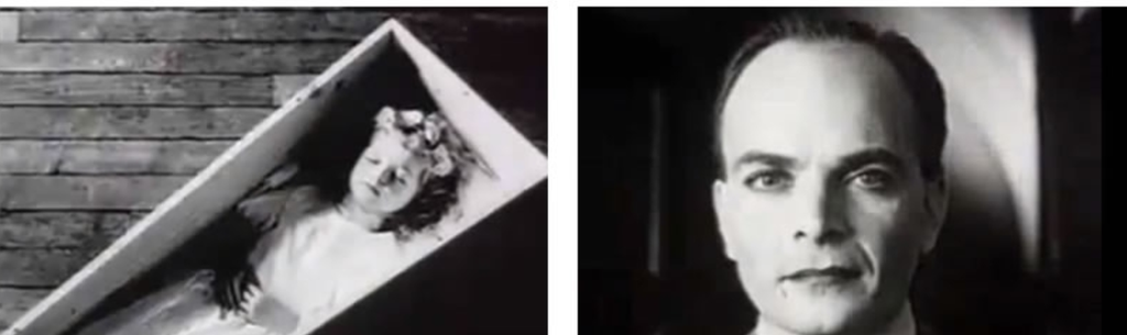 To biletruter. Biletet til venstre viser eit barn i ei kiste, til høgre er det eit nærbilete av ein mann. Fotomontasje.