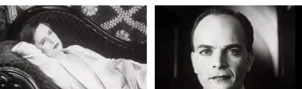 To filmruter. Bildet til venstre viser en kvinne på en divan, til høyre er det et nærbilde av en mann. Fotomontasje.