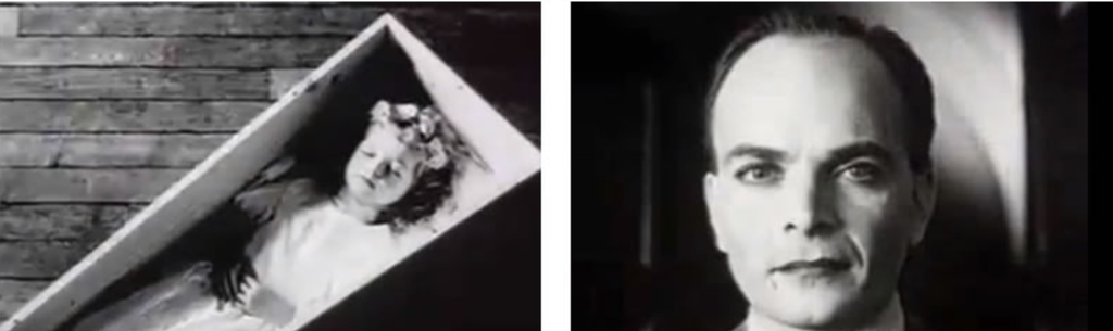 Til venstre et bilde av et barn i en kiste, til høyre et bilde av ansiktet til en mann. Svart-hvitt foto.