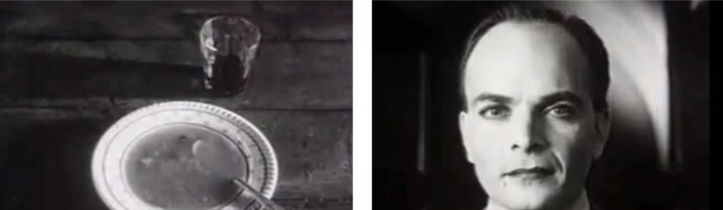 To filmruter. Bildet til venstre viser en suppetallerken, bildet til høyre viser et nærbilde av en mann. Fotomontasje.