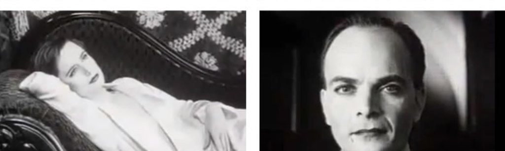 To biletruter. Biletet til venstre viser ei kvinne på ein divan, til høgre er det eit nærbilete av ein mann. Fotomontasje.